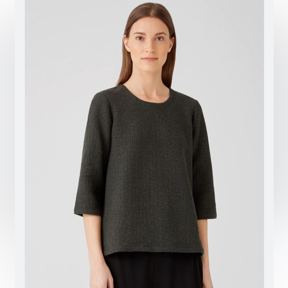 Eileen Fisher Textured Organic Cotton Ripple Round Neck Boxy Top Minimalist Knit
